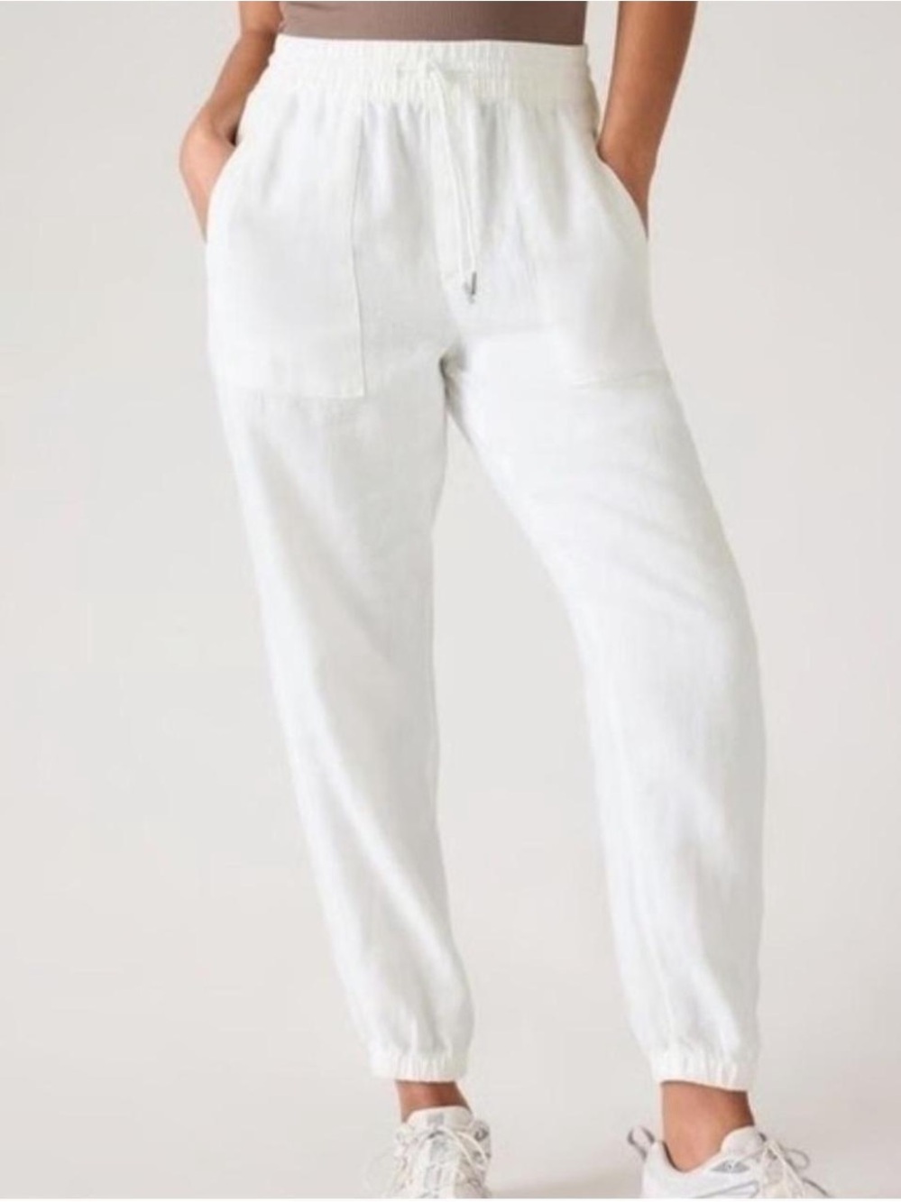Athleta White Linen Ladies Joggers Sz12 , New! Drawstring elastic waist stretch